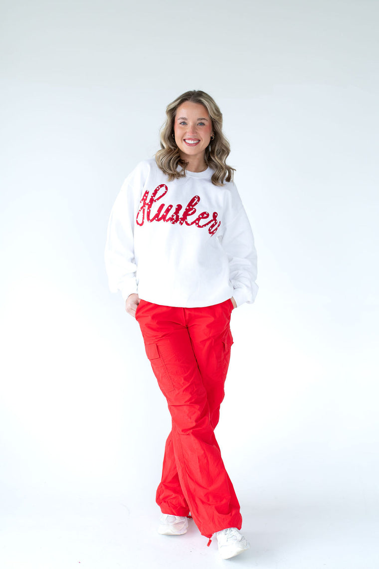 RED FLORAL HUSKERS - WHITE CREWNECK