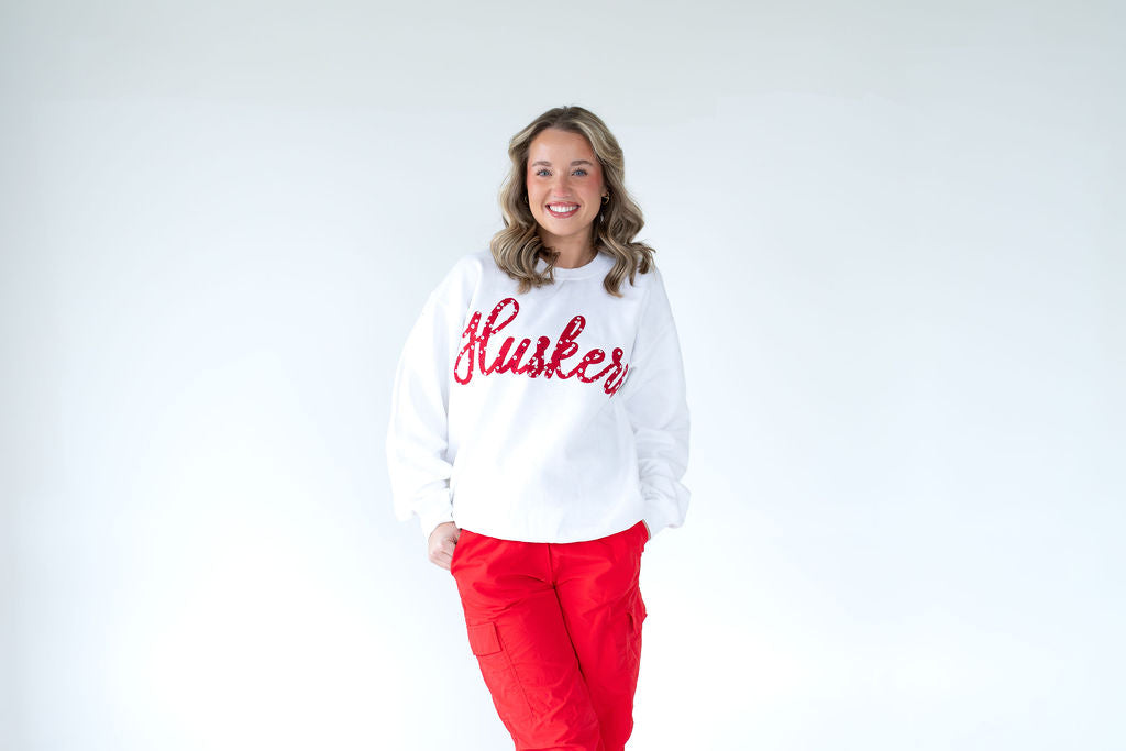 RED FLORAL HUSKERS - WHITE CREWNECK