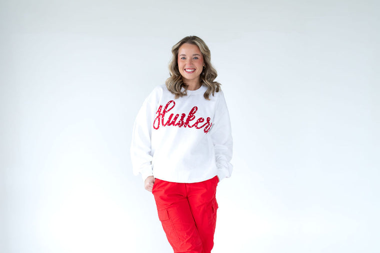 RED FLORAL HUSKERS - WHITE CREWNECK