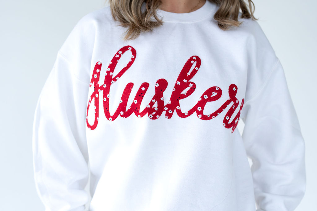 RED FLORAL HUSKERS - WHITE CREWNECK