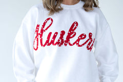 RED FLORAL HUSKERS - WHITE CREWNECK