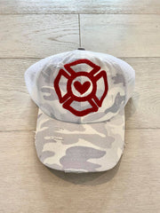 RED MALTESE CROSS - WHITE CAMO TRUCKER HAT