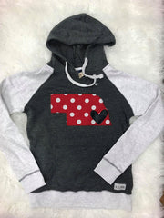 RED/ WHITE POLKA STATE AND BLACK HEART COLOR BLOCK HOODIE
