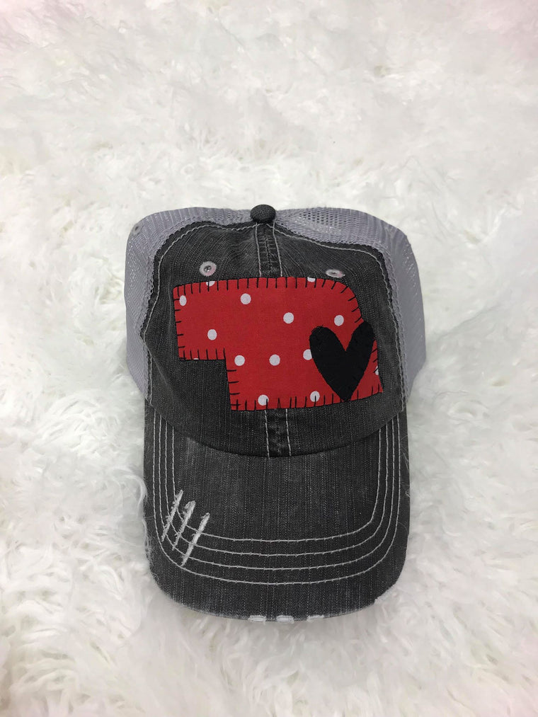 MIXED RED POLKA STATE AND BLACK HEART HAT