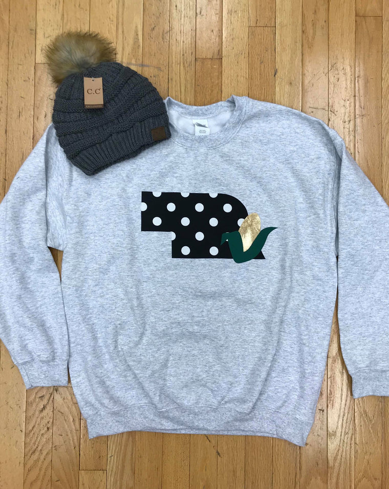 LIGHT GREY CREWNECK WITH BLACK POLKA NEBRASKA + CORN