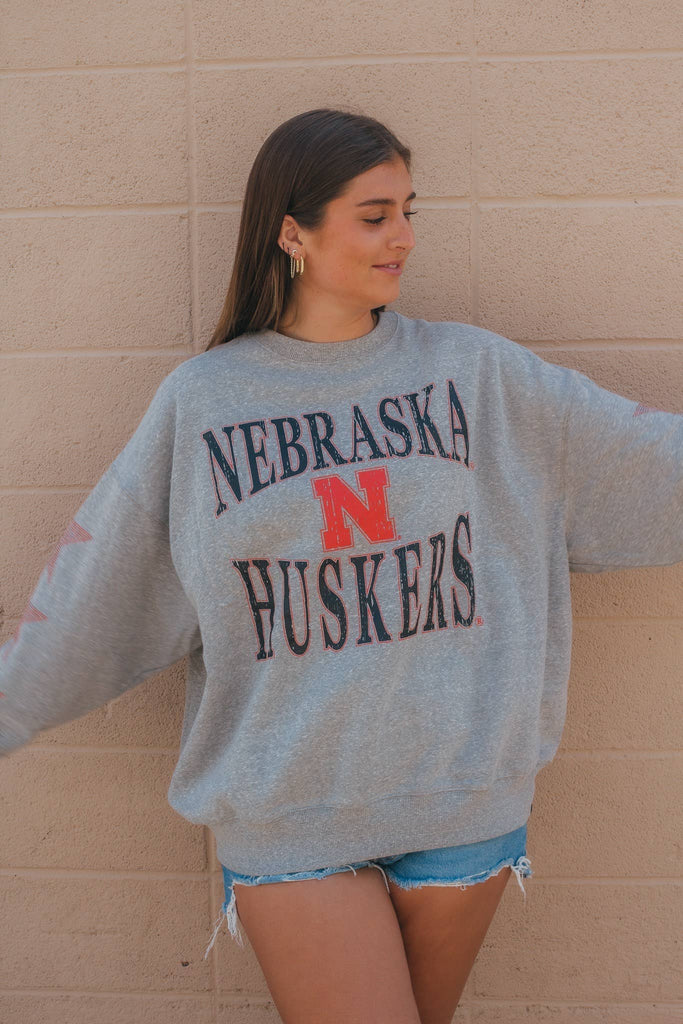 Gameday Social Apparel Co.® - U of Nebraska Wynn Star Sleeve - Oversized Fleece Crewneck