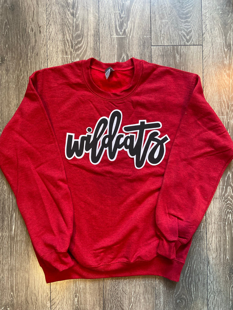 BLACK/ WHITE CURSIVE WILDCATS - RED CREW (YOUTH + ADULT)