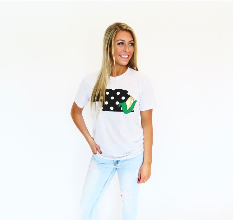 White Tee with Black Polka State and Corn