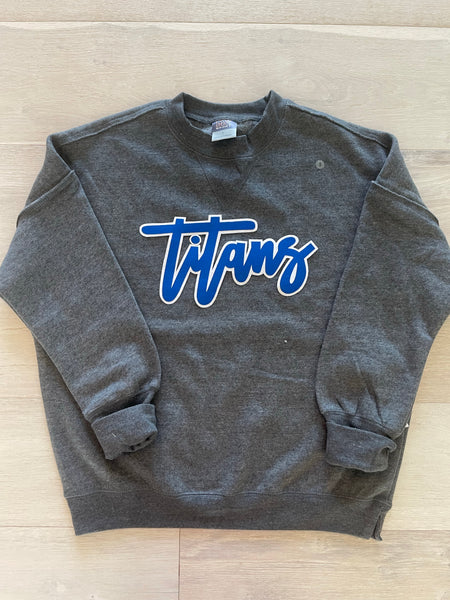 CURSIVE TITANS - GREY SUEDED CREW – H.FLYNN