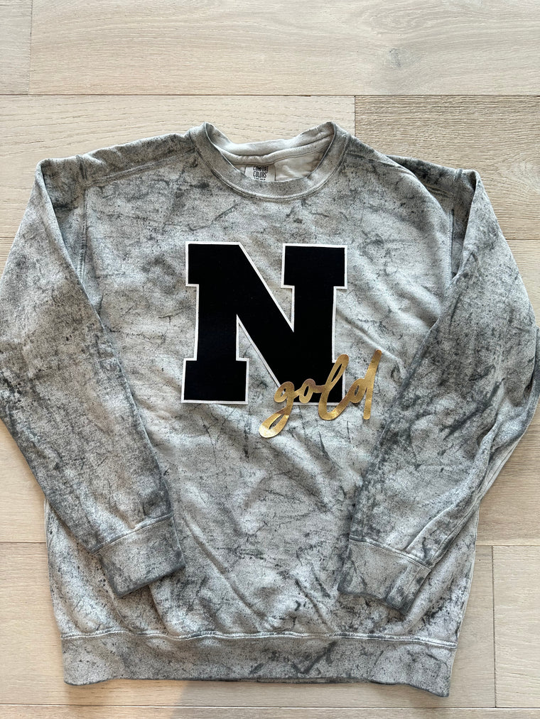 BLACK N + GOLD - GREY DYED COMFORT COLORS CREW