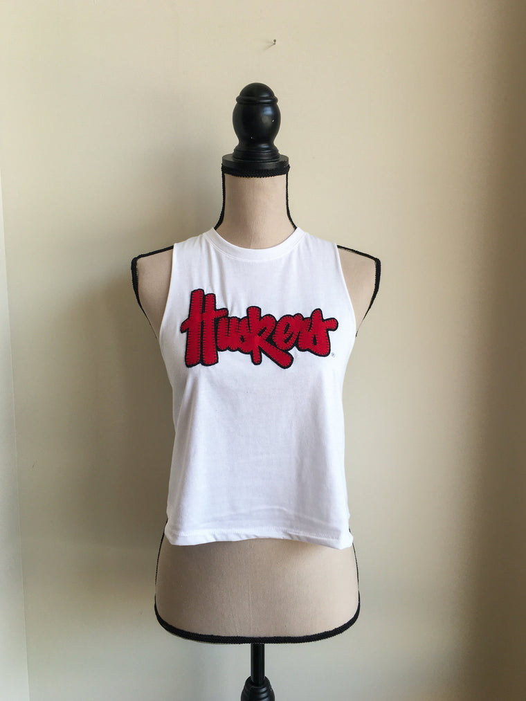 Copy of HUSKERS SCRIPT - WHITE MUSCLE CROP TANK