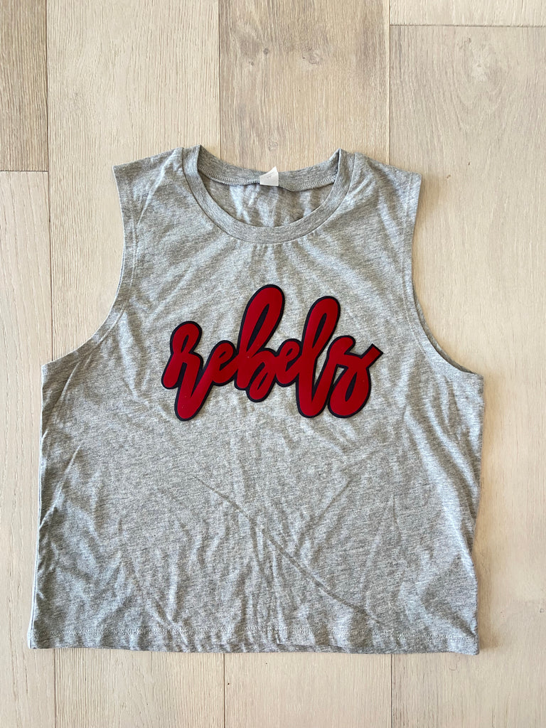 CURSIVE REBELS - GREY CROP MUSCLE TANK