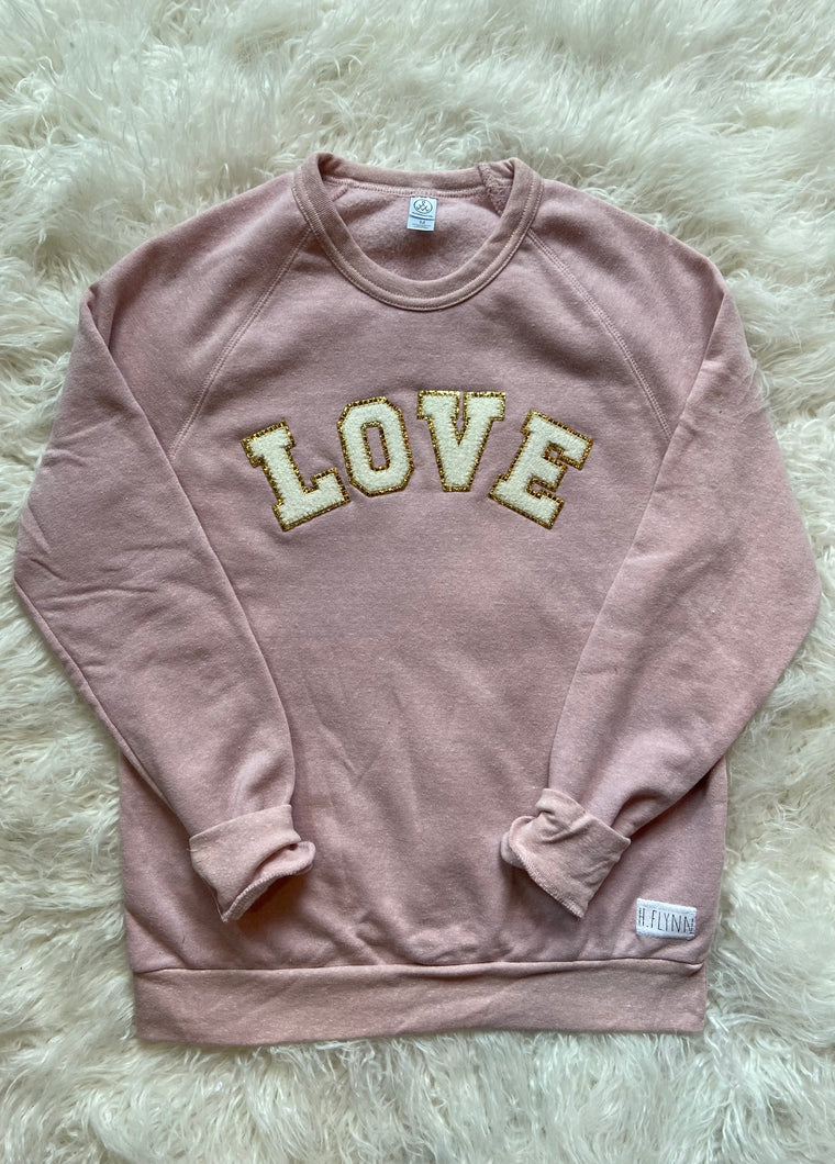 LOVE - CHENILLE ROSE QUARTZ FLEECE CREW