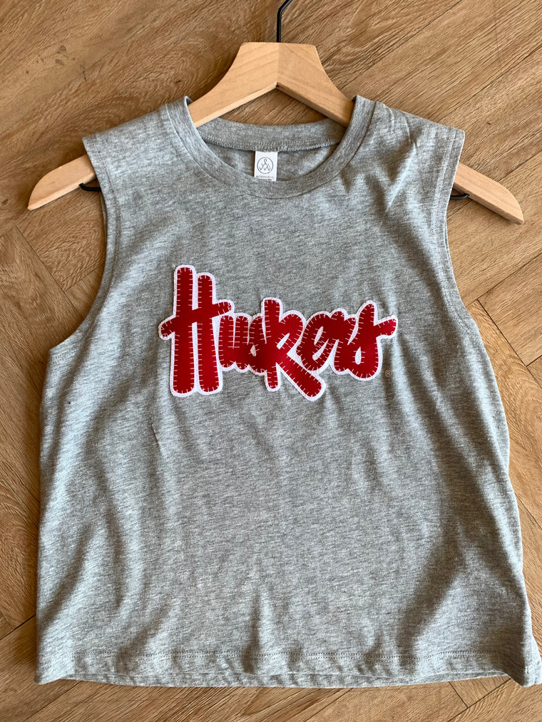 Copy of HUSKERS SCRIPT - GREY CROP TANK