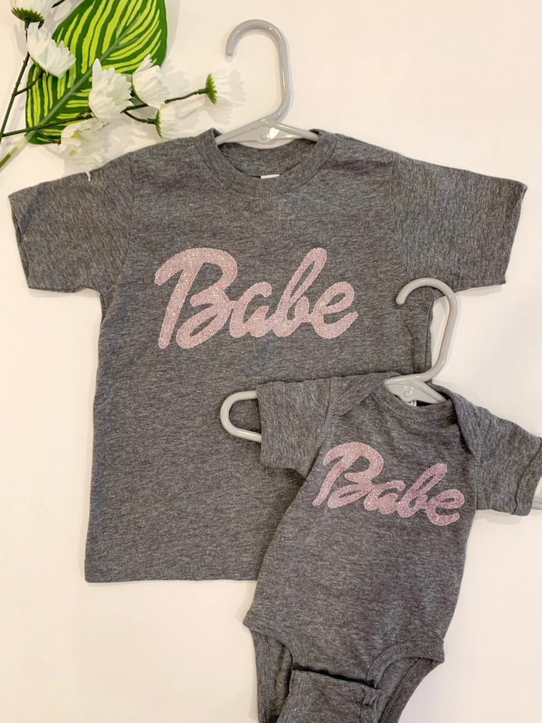 PINK SPARKLE BABE - GREY TEE - ONESIE + TODDLER + YOUTH