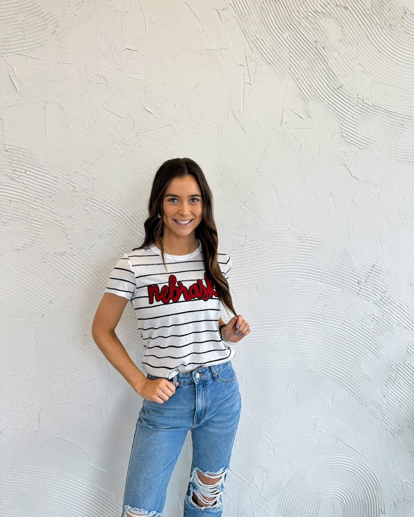 RED/ BLACK CURSIVE NEBRASKA - STRIPE TEE