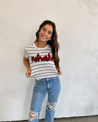 RED/ BLACK CURSIVE NEBRASKA - STRIPE TEE