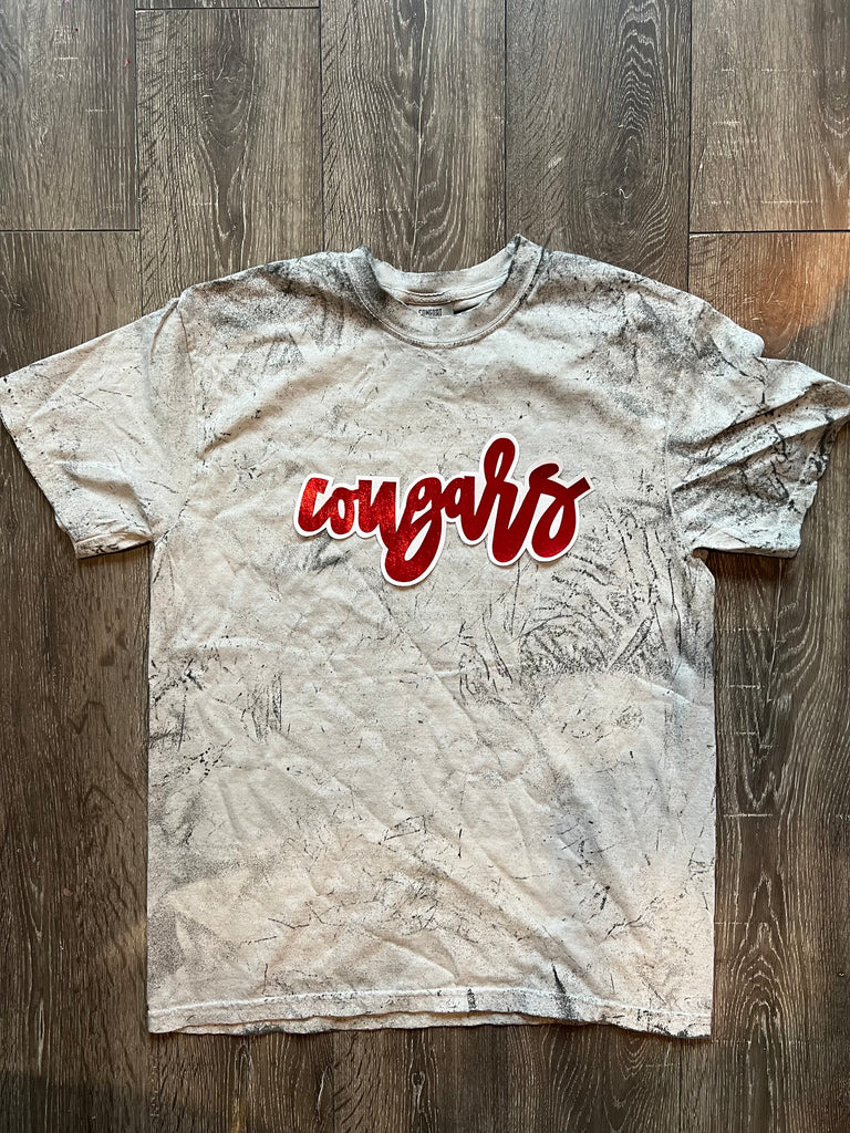 RED/ WHITE CURSIVE COUGARS - GREY DYED COMFORT COLORS TEE