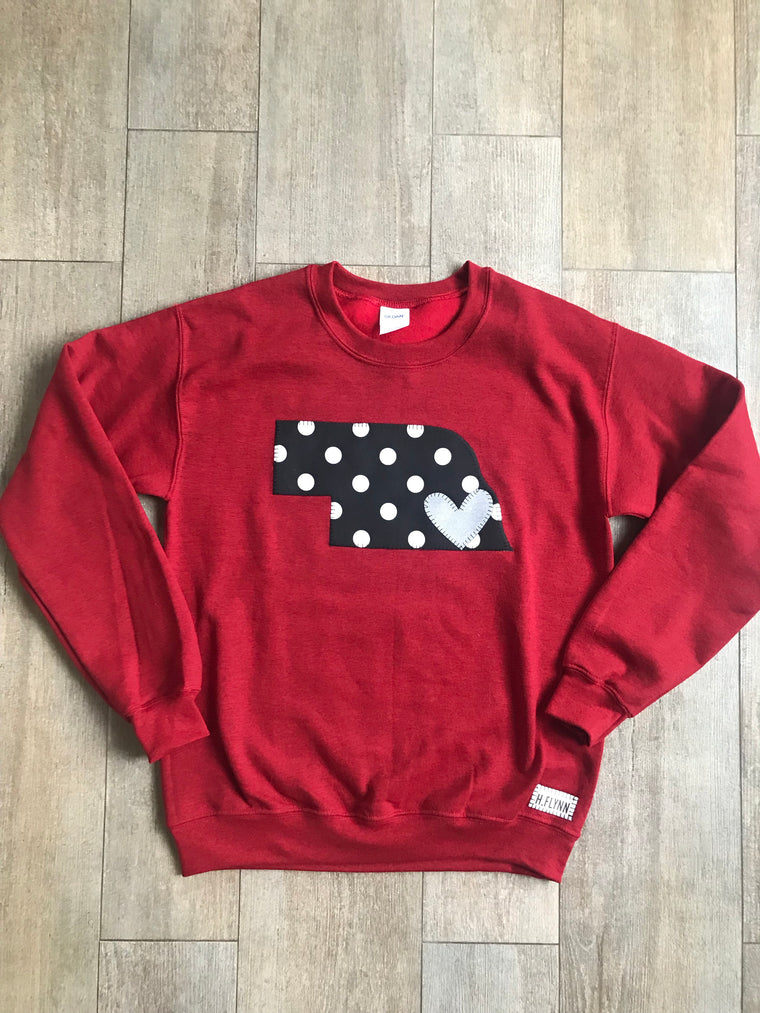 RED CREWNECK WITH BLACK/ WHITE POLKA STATE AND SILVER HEART