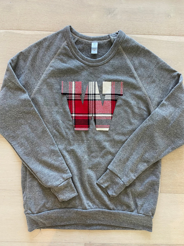 PLAID W - GREY FLEECE CREW