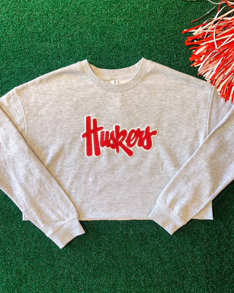 Copy of HUSKERS SCRIPT - GREY CROP CREWNECK